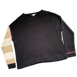 Lisa Todd Contrast Knit Stripe Sleeve Sweater Black Boxy Cotton Acrylic Ribbed